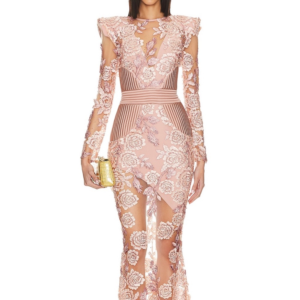 Zhivago Blush Pink Sheer Lace Long Sleeve Maxi Dress